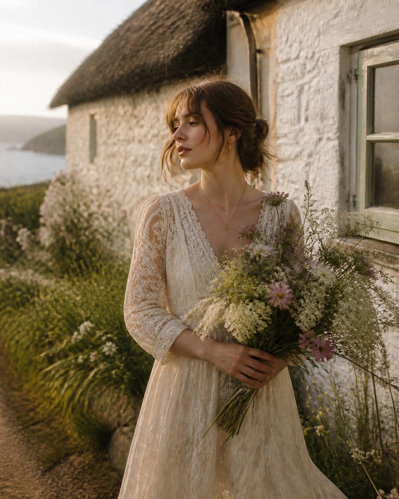 A woman in a lace dress by a Donegal cottage at golden hour