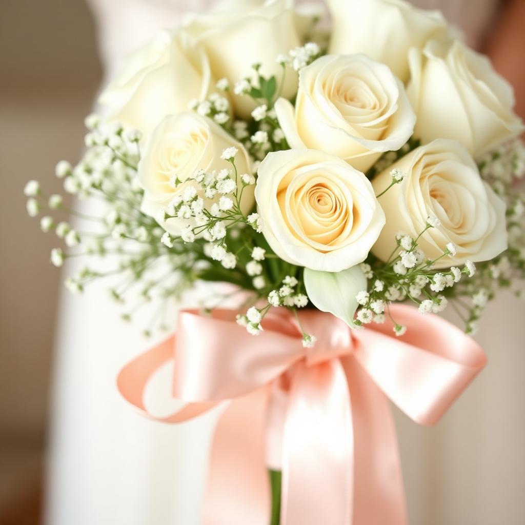 Satin blush ribbons on a rose bouquet