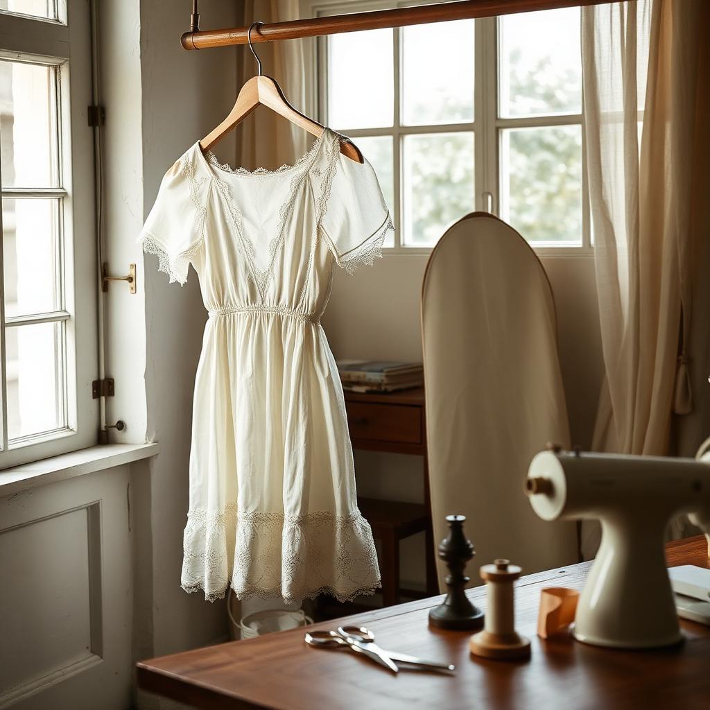 A cream dress on a wooden hanger